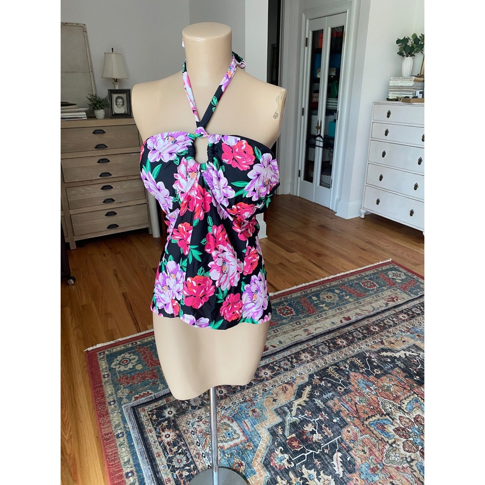 Time and Tru Black Floral Halter Tankini Top